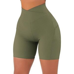 Like New Ribbed Olive Athletic Shorts with Cross Waist and Scrunch Lifting Butt